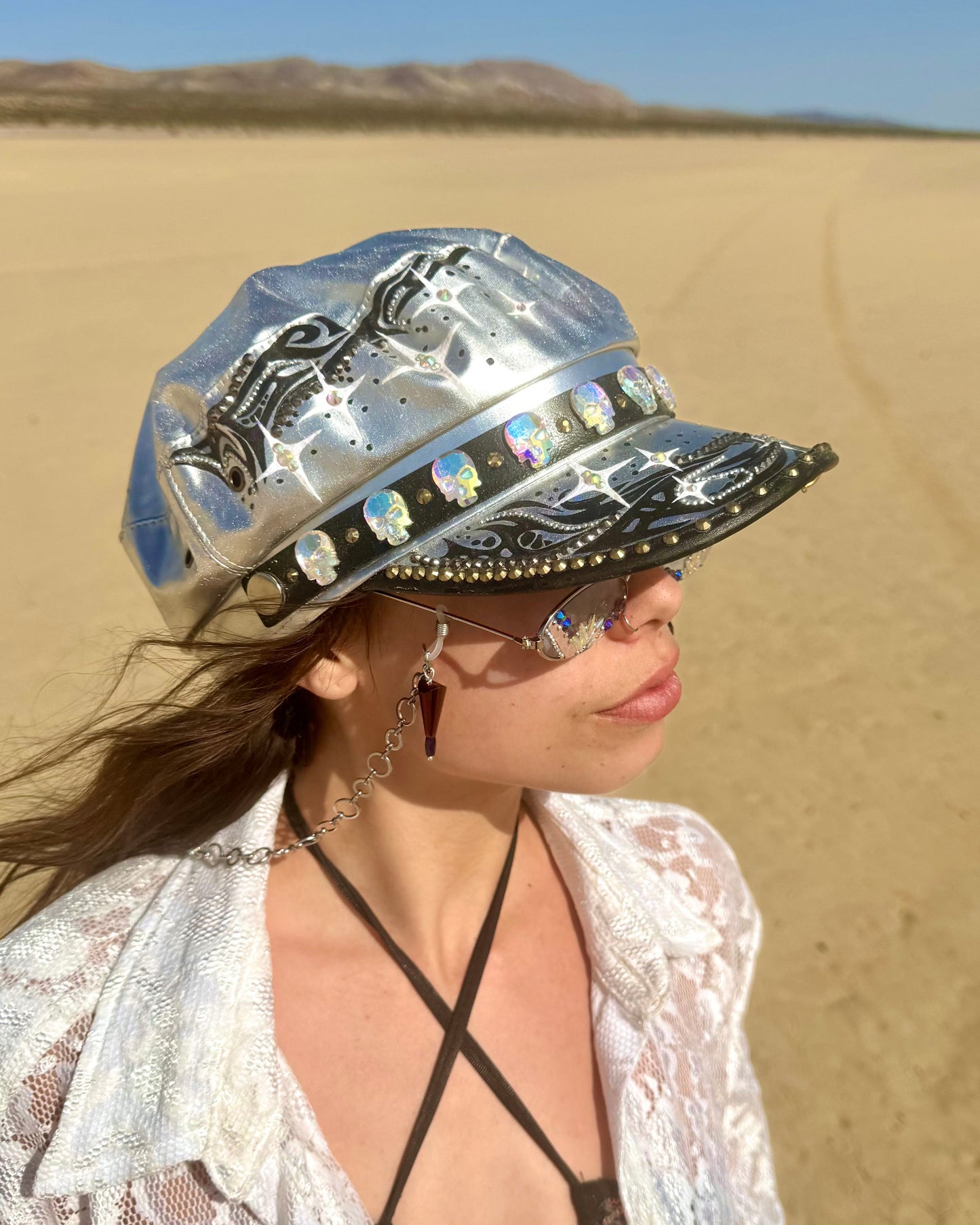 silver hand painted hat cap festival skull bling