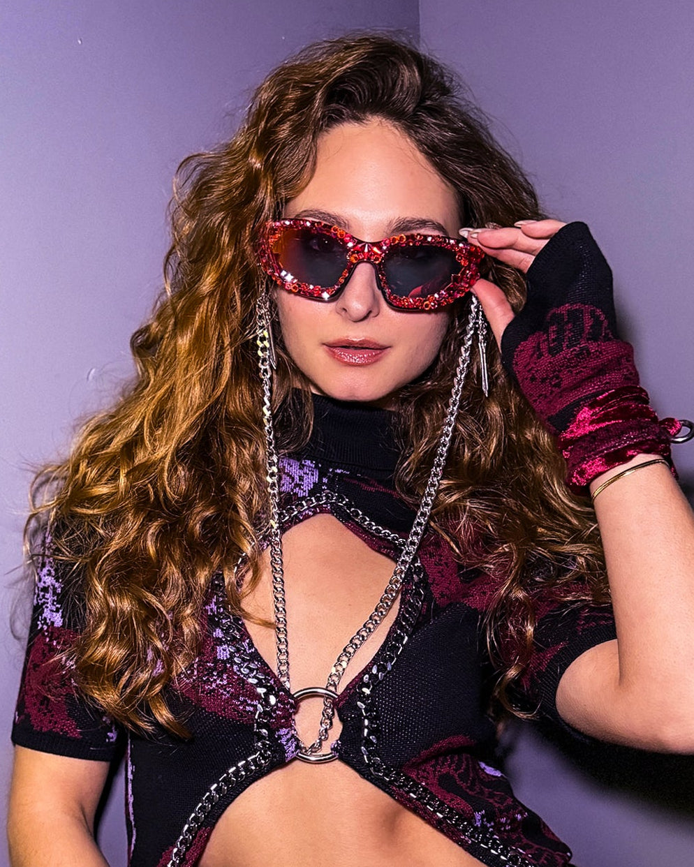 Red sunglasses bling chain festival sunglasses with chain