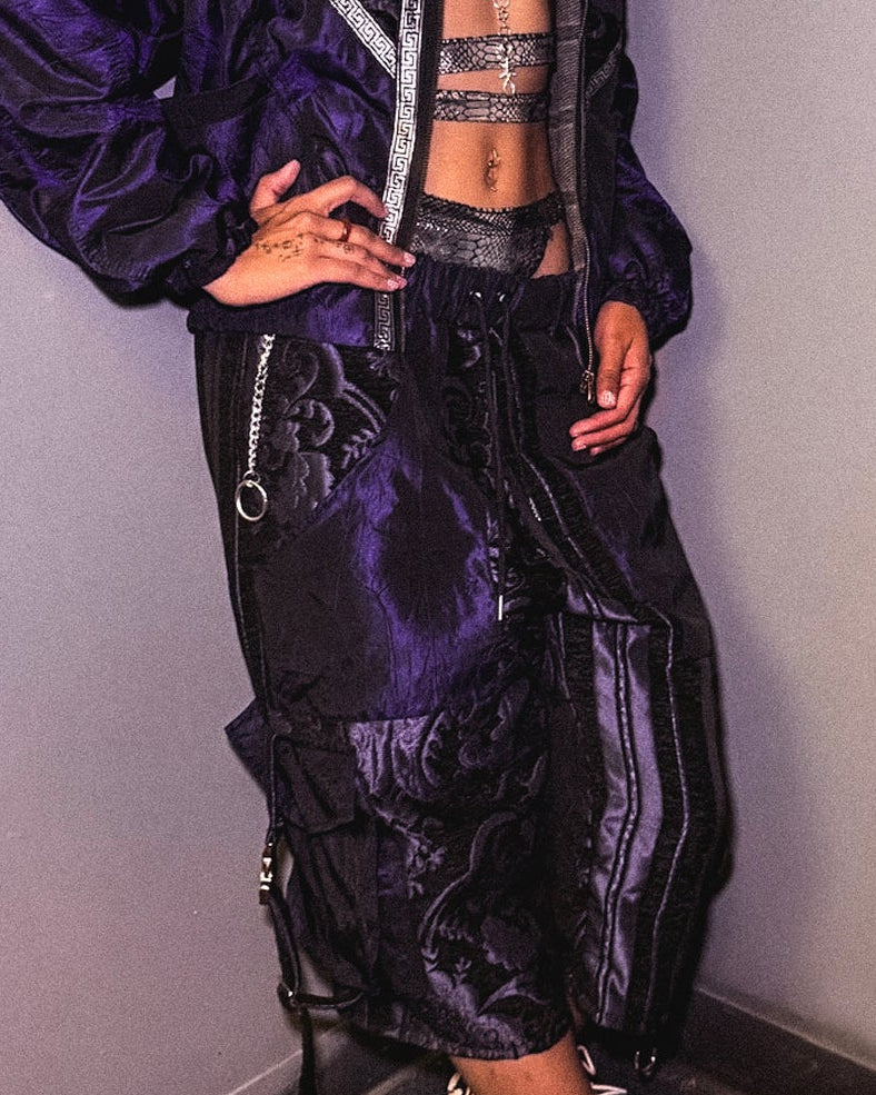 dark purple cargo shorts upholstery fabric taffeta streetwear festival high end