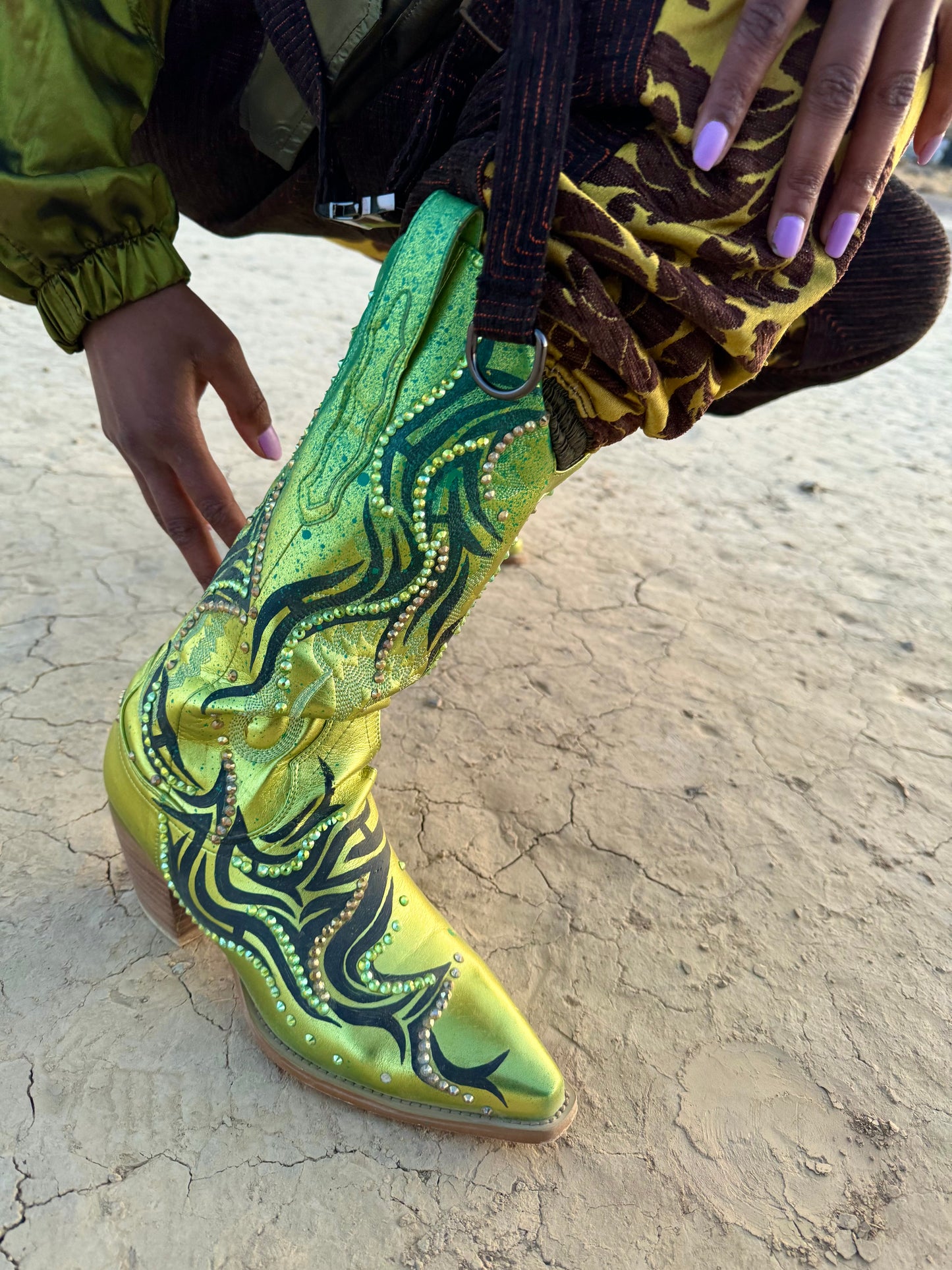 green cowgirl boots hand-painted